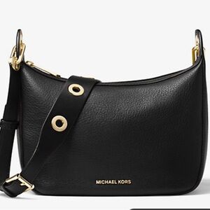 Michael Kors Raven Black Leather Messenger Bag with Gold Accents